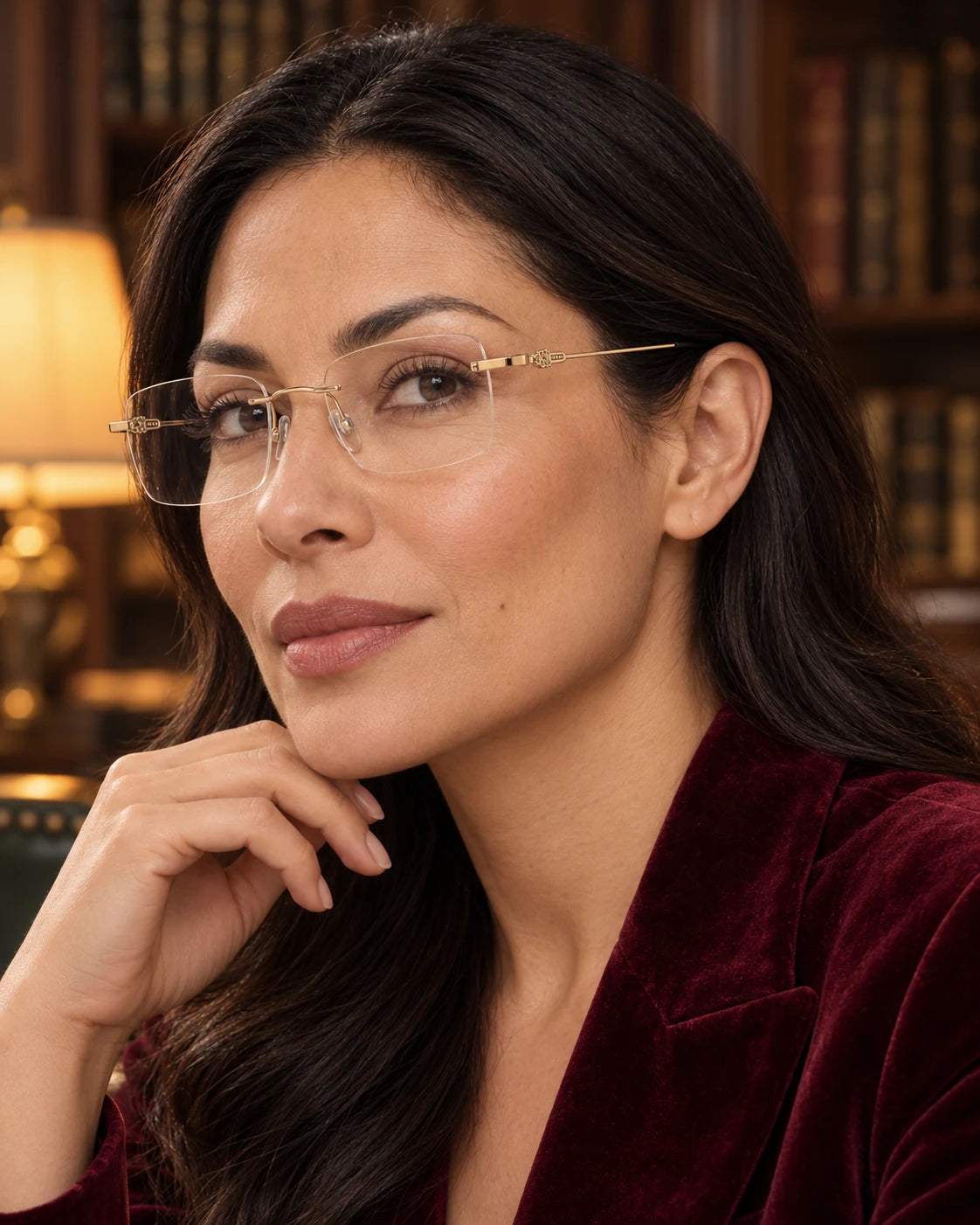 Woman wearing Gold YJ2344 with clear lenses — AI styling preview