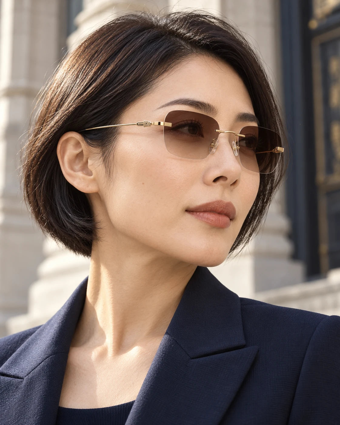 Professional wearing Gold YJ2344 sunglasses — AI styling preview
