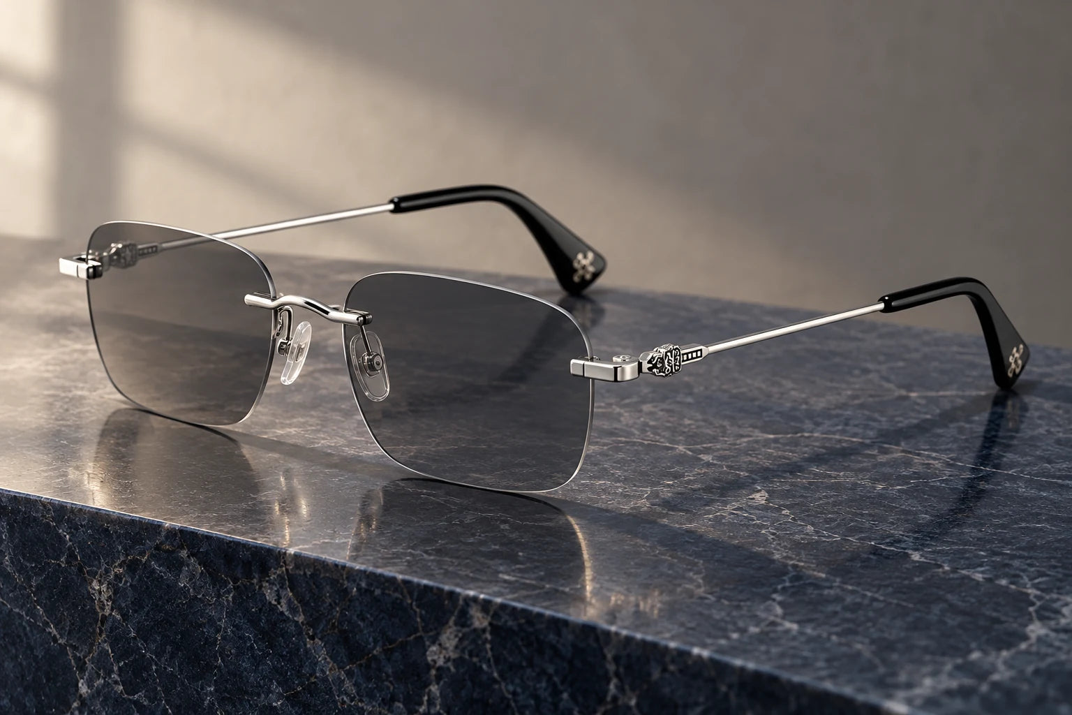 Silver YJ2344 with smoke-grey sunglass lenses — AI styling preview