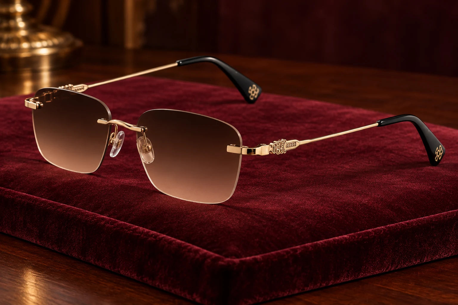 Gold YJ2344 with brown gradient sunglass lenses — AI styling preview