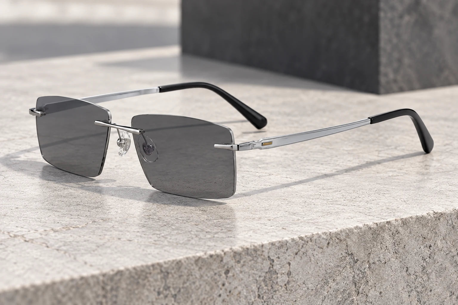 Silver YJ2354 with smoke-grey sunglass lenses — AI styling preview