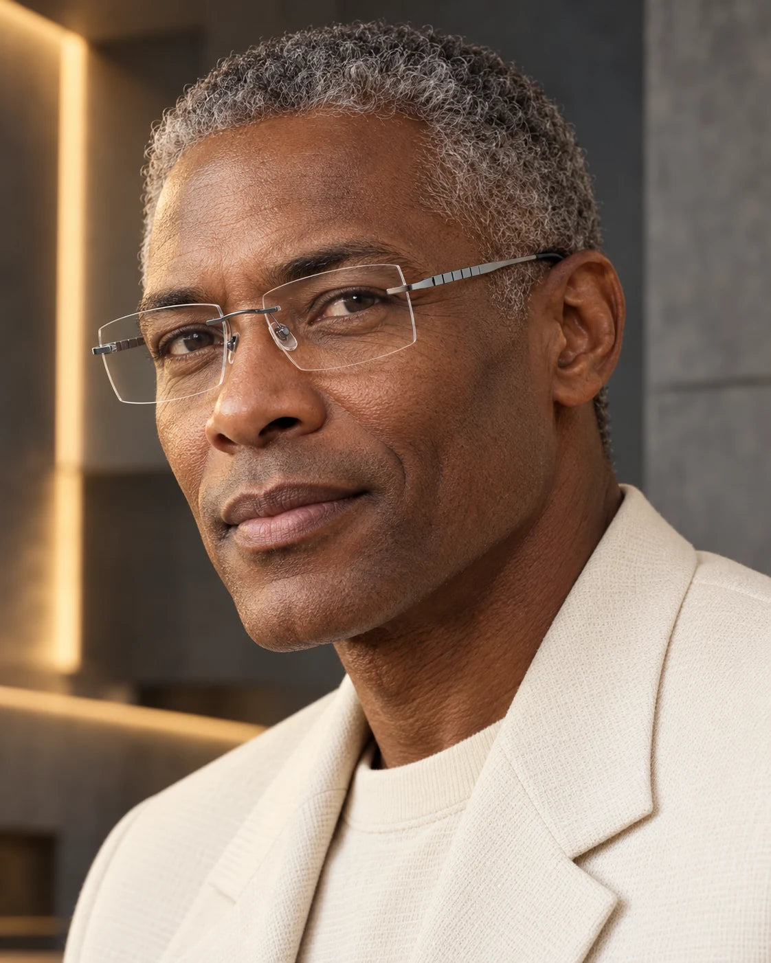 Man wearing Gunmetal YJ2356 with clear lenses — AI styling preview