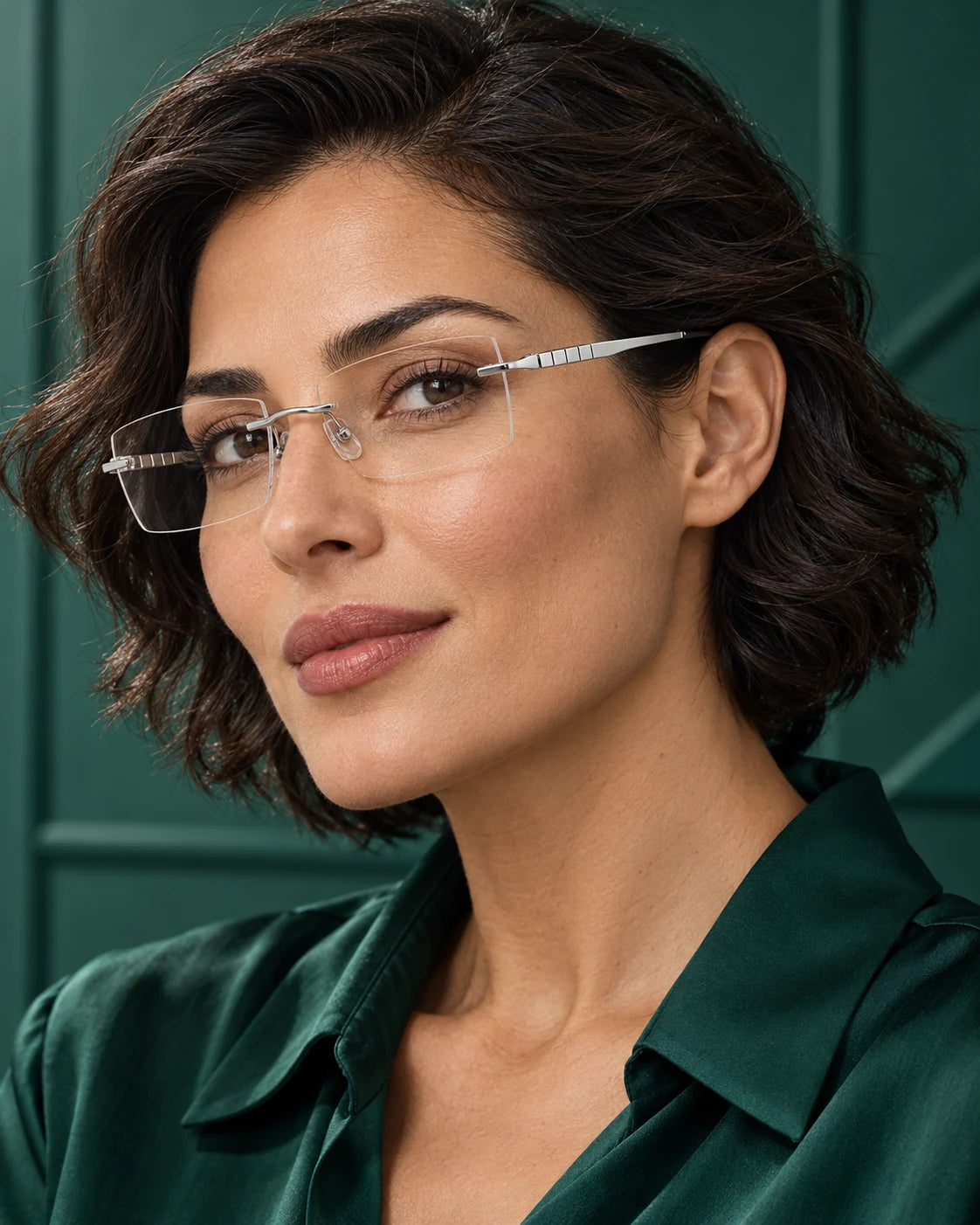 Woman wearing Silver YJ2356 with clear lenses — AI styling preview