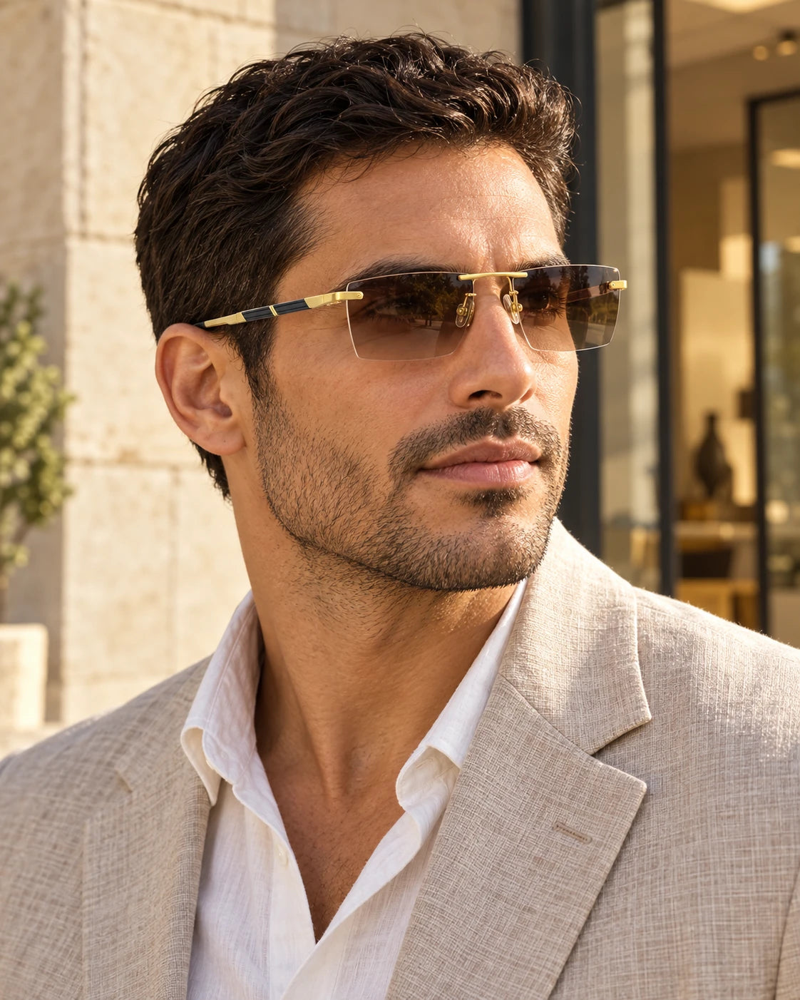 Professional wearing Gold YJ2201 sunglasses — AI styling preview