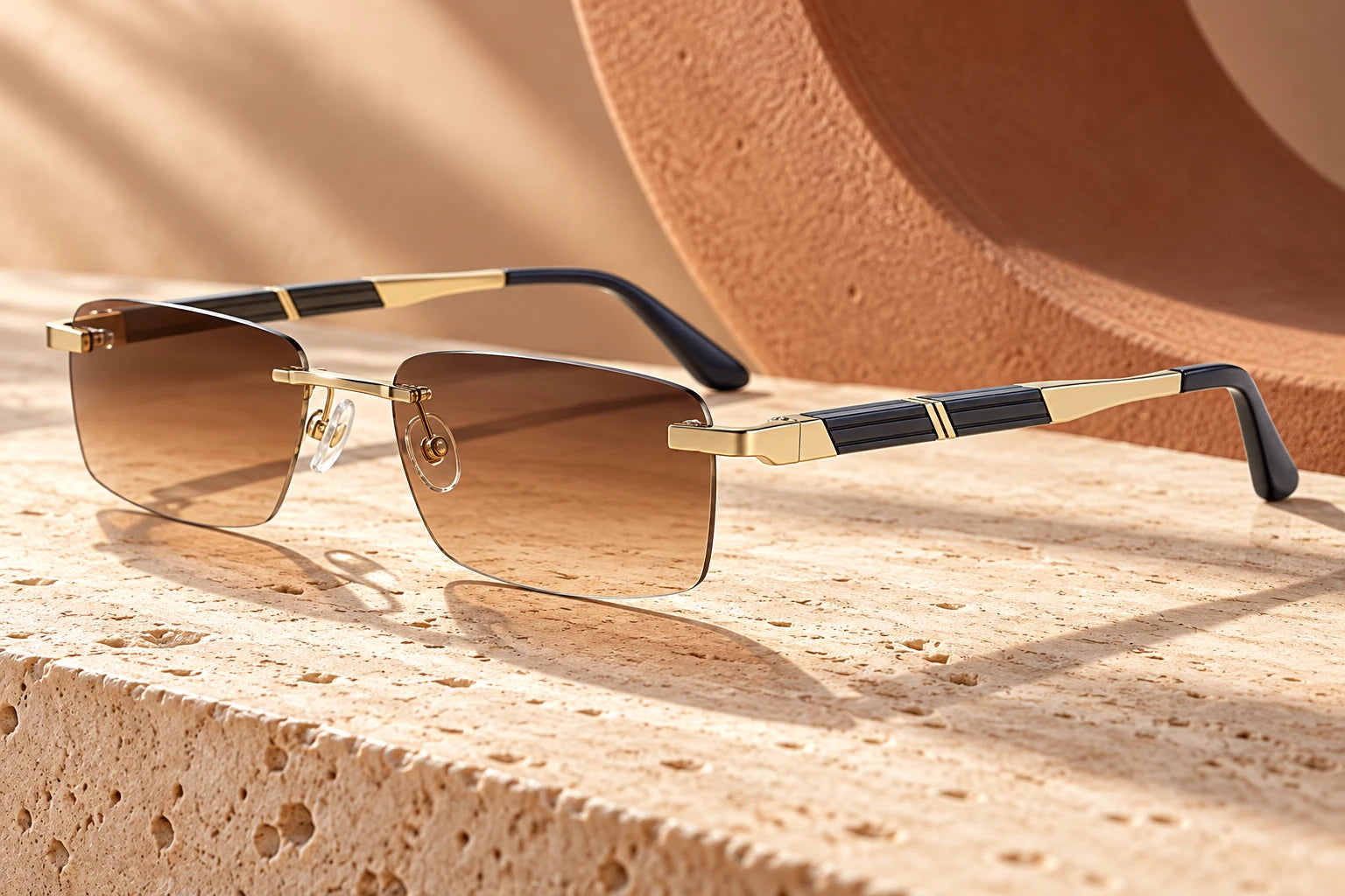 Gold YJ2201 with brown gradient sunglass lenses — AI styling preview